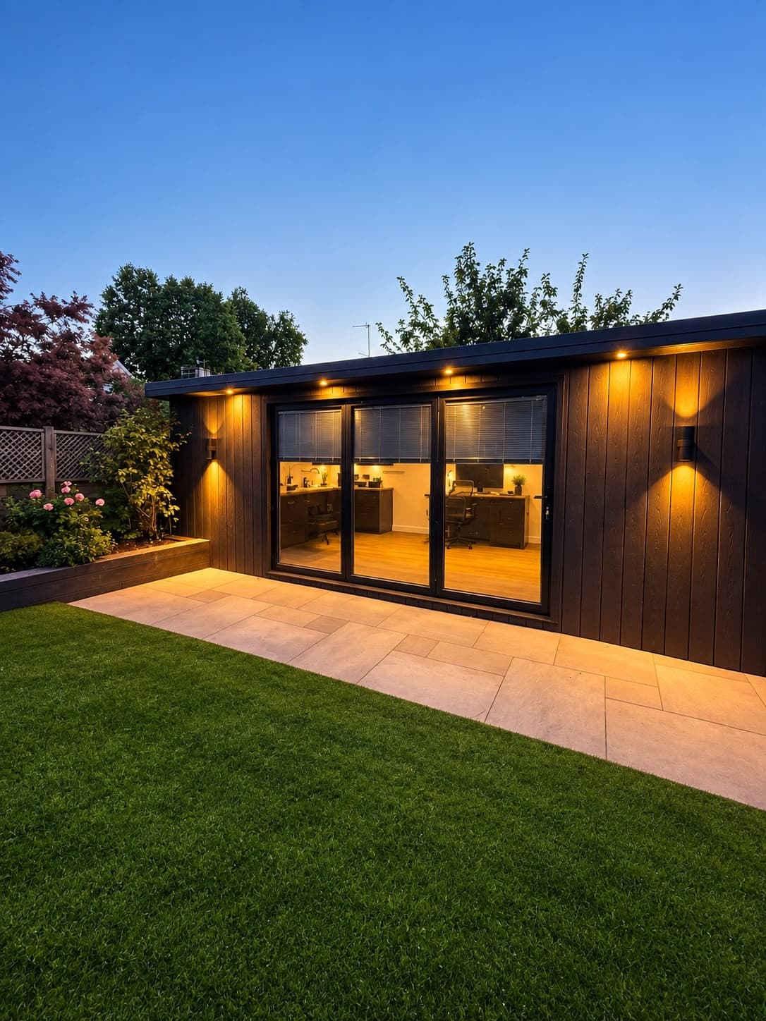 Dark timber garden office at dusk, with sliding glass doors opening onto a patio and lawn