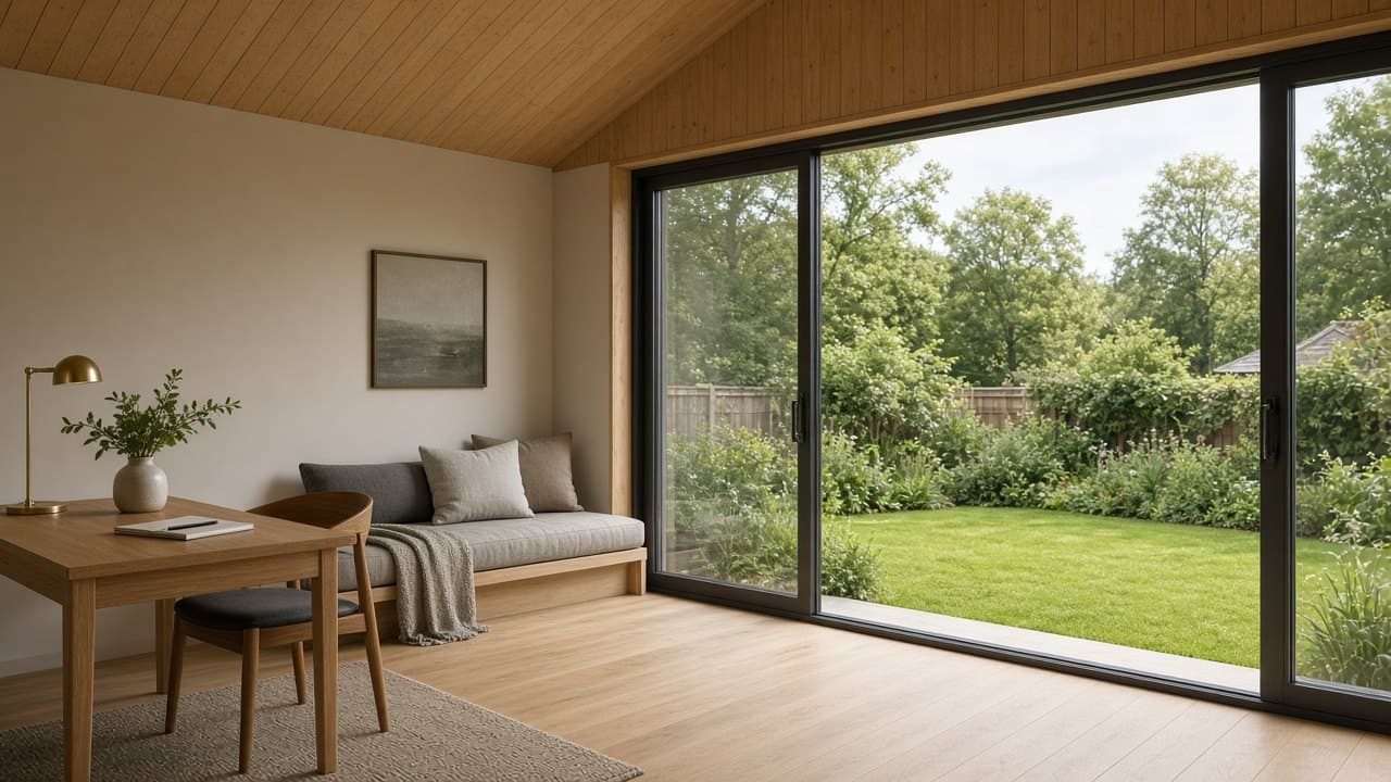 Bright insulated garden room interior looking out to the garden